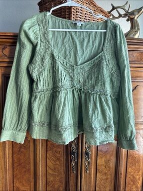 American Eagle Outfitters Sage Green Lace-Trim Peasant Blouse